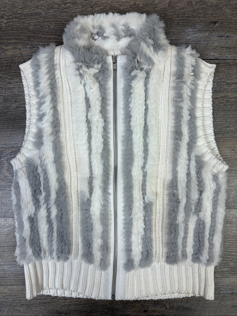 Revue Rabbit Fur Knit Zip Vest Ivory Gray Size Medium